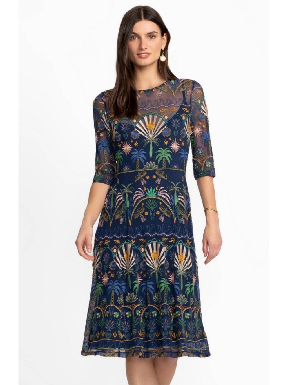 JOHNNY WAS JADE NOVA PANELED NAVY BLUE MIDI DRESS SIZE XS